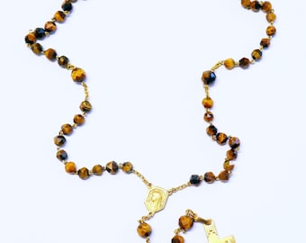 Vintage Tiger Eye Gold Rolled Catholic Rosary, Hand-Faceted Beads, 1930's Unique Vintage Religious Jewelry