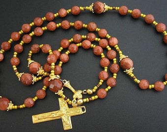 Catholic Rosary - 5 decades -  Brown Goldstone and Vermeil