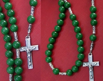 Catholic Rosary Prayer Beads Green Jade & Sterling