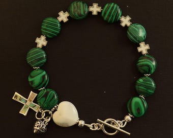 Catholic Rosary one Decade Bracelet  : Malachite, White Jade, Paua Shell, Sterling Silver and Enamel