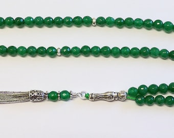 Islamic Prayer Beads Tesbih Gebetskette Genuine Faceted Emerald & Sterling -99 Beads