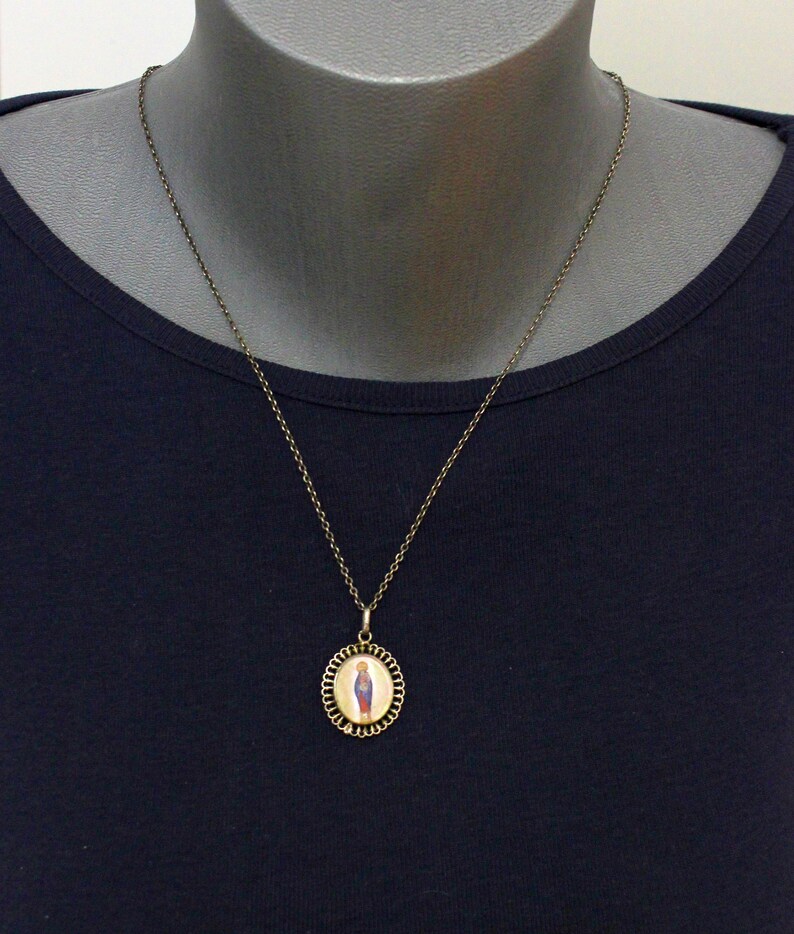 19th Cent Crowned Madonna /& Child Hand Painted Miniature on MOP in Sterling Frame w chain
