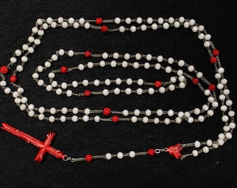 1920's Catholic Rosary 15 Decades Opaline Glass and Bone w Sterling Silver - Rare