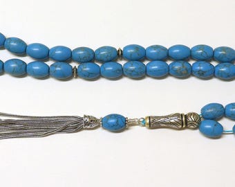 Turquoise & Sterling Tesbih Rosary Barrel Shape Beads - Rare Collector's Choice