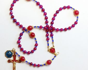 Catholic Rosary Genuine Round Ruby - Lourdes Vintage Cross, Center & Vintage Medal