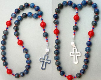 Anglican Episcopal Rosary Prayer Beads : Denim Lapis, Coral and Sterling Silver