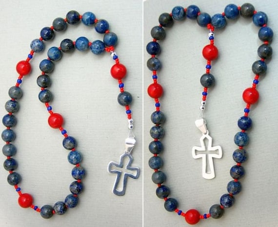 Anglican Episcopal Rosary Prayer Beads Denim Lapis, Coral and