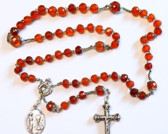 Vintage Catholic Rosary Faceted Gold Baltic Amber & Sterling w Open Work Silver and Gold 1st Communion Medal DD 1905 Extreme Rarity