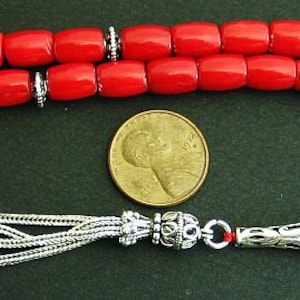 Luxury Prayer Worry Beads Tesbih RED CORAL Barrel Beads and Sterling Silver -