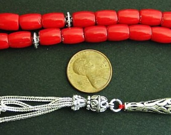 Luxury Prayer Worry Beads Tesbih RED CORAL Barrel Beads and Sterling Silver -