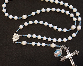 Vintage Catholic Rosary MOP w Sterling Cross, Blue & Enamel Medal, Rosenkranz Antik Kreuz