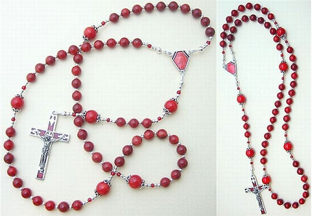 Catholic Rosary in Red Coral and Sterling Silver With Vintage Enameled