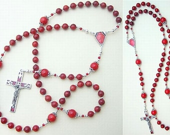 Catholic Rosary in Red Coral and Sterling Silver With Vintage Enameled Cross and Center