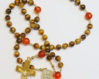 Our Lady of Fatima Catholic Rosary Prayer Beads - Tiger Eye, Vermeil and Amber
