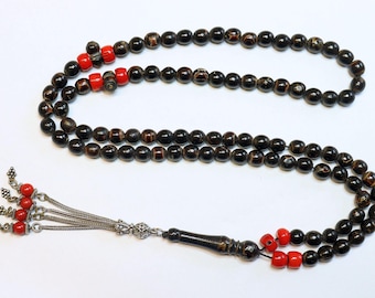 Islamic Prayer Beads Tesbih Vintage Yusr ( Black Coral) + Red Coral and Sterling Silver - Rare Collector's