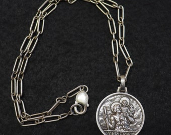 St Christopher Large Sterling Medal  w Original Design Sterling Chain 1930's