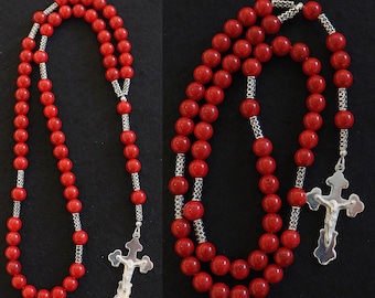 Catholic Rosary Prayer Beads Red Coral & Sterling