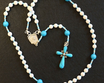 Transformable Catholic Rosary White Jade, Turquoise & Sterling Silver - 4 different uses -V. SPECIAL