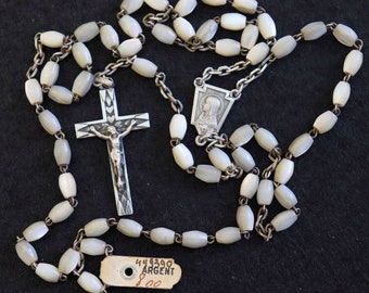 1920's Catholic Rosary New Old Stock M.O.P. & Sterling Silver Exquisite Series No 36