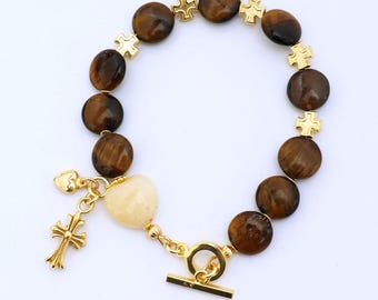 Catholic Rosary one Decade Bracelet  : Tiger Eye, Lemon Jade and Vermeil