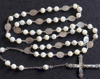 Stations of the Cross Unique Rosary all Vintage MOP & Sterling w 19th Cent Medals