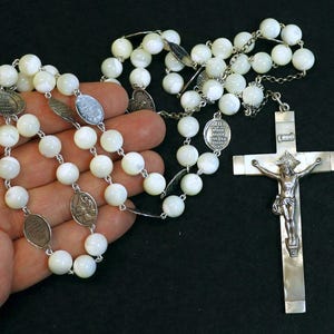Stations of the Cross Rosary all Vintage Mother Of Pearl w 19th Cent Medals and Art Nouveau Crucifix ALL Sterling Silver Unique