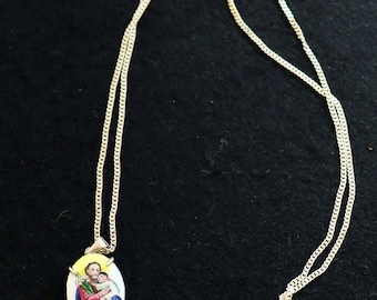 Hand Painted Miniature of St. Joseph Vintage Enameled Medal in Hand made Sterling Silver Frame w Sterling Silver Chain- V.Rare