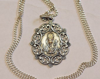 Rare Art Nouveau Sterling Silver and Gold Chalice First Communion Medal and Chain ca. 1900