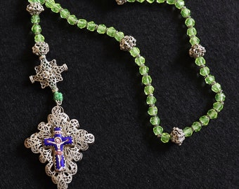 Unique Bavarian Rosary Sterling Silver and Uranium (Vaseline) Glass 19th Century XXXR