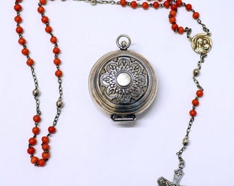 Vintage Sardinian Dark Salmon Coral & Sterling Silver Rosary in Sterling Chatelaine Box - Rare Gift