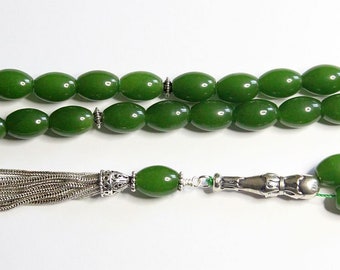 Luxury Prayer Worry Beads Tesbih Komboloi Genuine Oval Emeralds & Stering Silver - Top Quality - Collector's