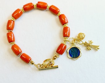 Catholic Rosary Bracelet Barrel Salmon Sardinian Coral & Vermeil- Rare Item