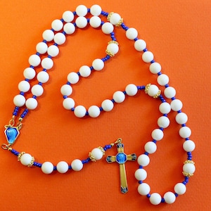 Catholic Rosary White Jade and Vermeil With Blue Enameled Exceptional Vintage Cross & Center
