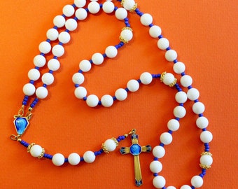 Catholic Rosary White Jade and Vermeil With Blue Enameled Exceptional Vintage Cross & Center