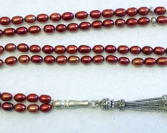 Islamic Prayer Beads Cherry Copper Genuine Pearl Beads & Sterling Silver