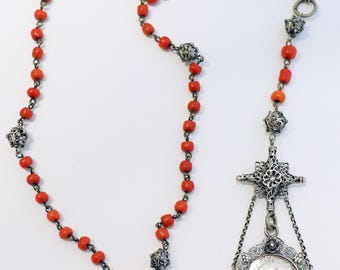Mid 19th Cent Bavarian Coral & Sterling Silver Catholic Chain Rosary with Unique Agnus Dei Medal - Xtreme Rarity