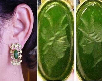 Roman Queen Gold and Jade Intaglio Vintage Earrings by The Swan Collection