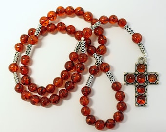 Catholic Rosary Prayer Beads Genuine Baltic Large Amber Beads & Sterling