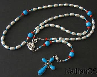 Heavy Sterling Silver, Genuine Coral & Turquoise Wearable Rosary, Pendant and  Necklace **SEE**