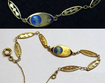 1930’s Communion 18 K Solid Gold Bracelet with Blue Enamel Medal - Unique & Charming