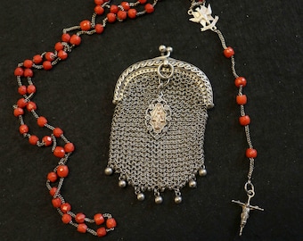 Vintage Sardinian Coral & Sterling Catholic Rosary in Sterling Mesh Purse with Silver Gold Medal- all Art Nouveau