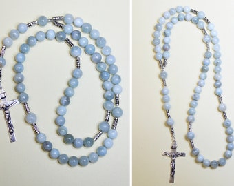 Catholic Rosary Prayer Beads Aquamarine Gemstone and Heavy Sterling Silver