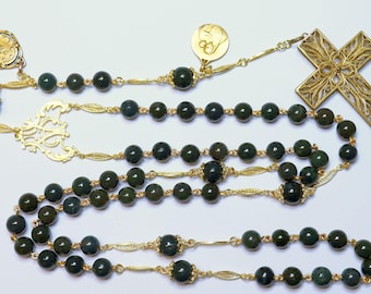 1922 BloodStone & Vermeil Catholic Rosary w 2 Rare Fix Gold Rolled Medals and Vermeil Filigree Cross - Unique