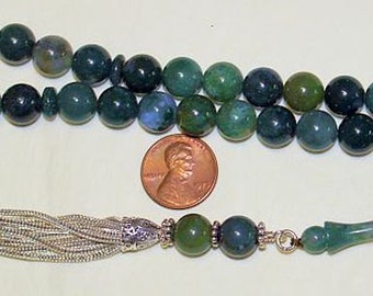 Luxury Prayer Beads Tesbih AA Grade Moss Agate and Sterling Silver - Top Quality - Collector's