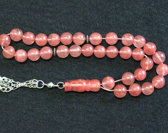 Luxury Prayer Beads Tesbih AA Round Pink Quartz and Sterling Silver - Top Quality - Collector's
