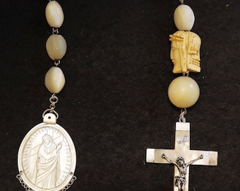 1916 Mother of Pearl and Sterling V. Large Chaplet w Janus Memento Mori & MOP Medal of Extreme Rarity