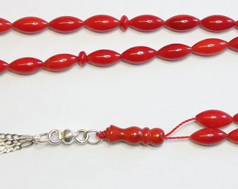 Prayer Beads Tesbih Gebetskette Red Coral & Sterling Pine Seed Carve