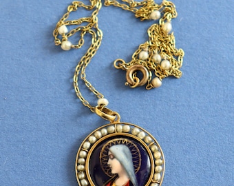 1910's Virgin Medallion Hand Painted Limoges Enamel by G. Legendre w Chain - All 18 K. Gold & Pearls