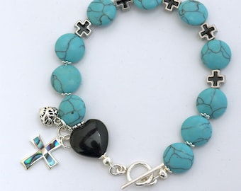 Catholic Rosary one Decade Bracelet  : Turquoise, Onyx, Paua Shell, Sterling Silver and Enamel
