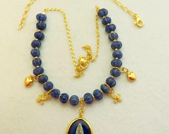 Genuine Sapphire & Vermeil Necklace w Early XXth Cent. Hand Painted Miniature Enameled Medal of our Lady of Fatima - Double face. XXXRare